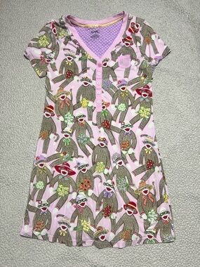 Nick & Nora Sock Monkey Hats Print Pink Dress PJs Pajama Sleepwear Size Small